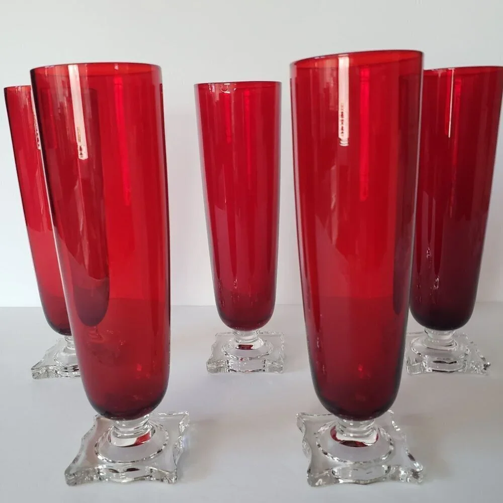 Vintage MCM Seneca Slim Jim 903 Ruby Red Footed Pilsner Beverage Glass Vase Set